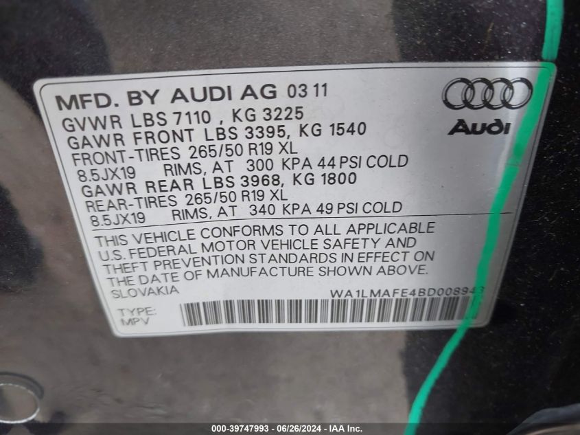 2011 Audi Q7 Premium Plus VIN: WA1LMAFE4BD008943 Lot: 39747993