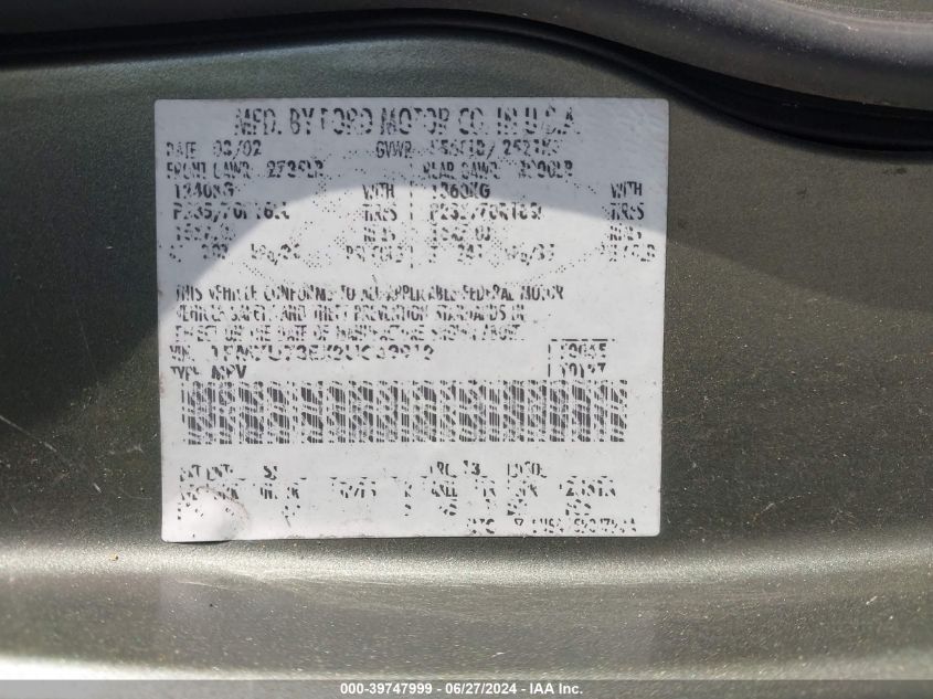 2002 Ford Explorer Xlt VIN: 1FMZU73EX2UC49912 Lot: 39747999