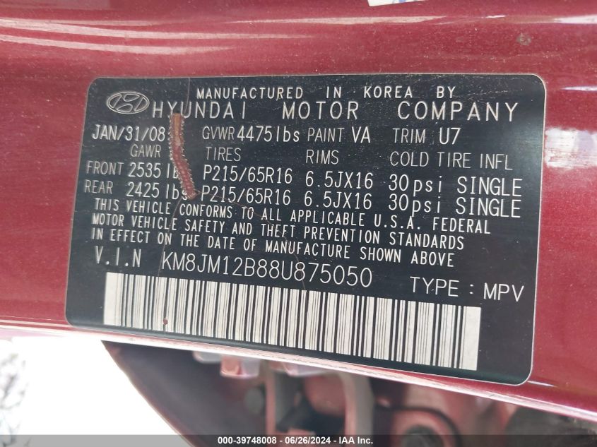 2008 Hyundai Tucson Gls VIN: KM8JM12B88U875050 Lot: 39748008