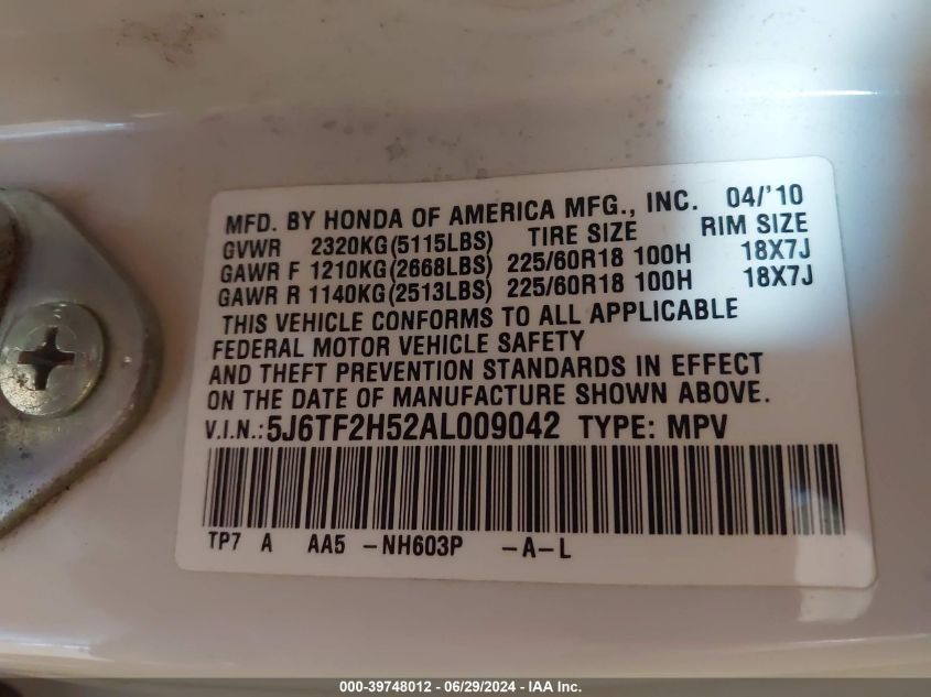 2010 Honda Accord Crosstour Ex-L VIN: 5J6TF2H52AL009042 Lot: 39748012