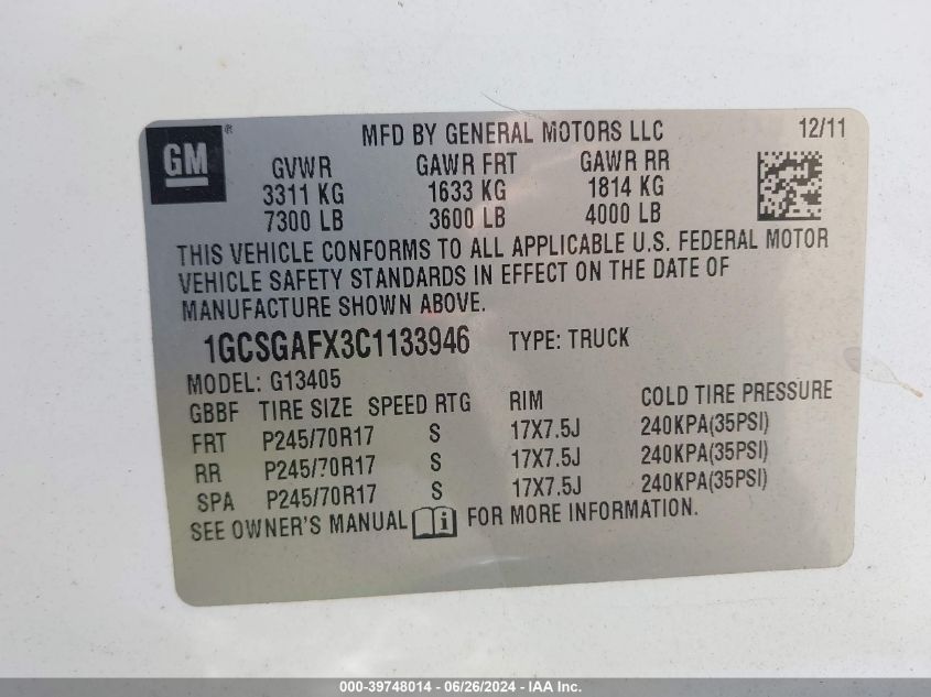 2012 Chevrolet Express 1500 Work Van VIN: 1GCSGAFX3C1133946 Lot: 39748014