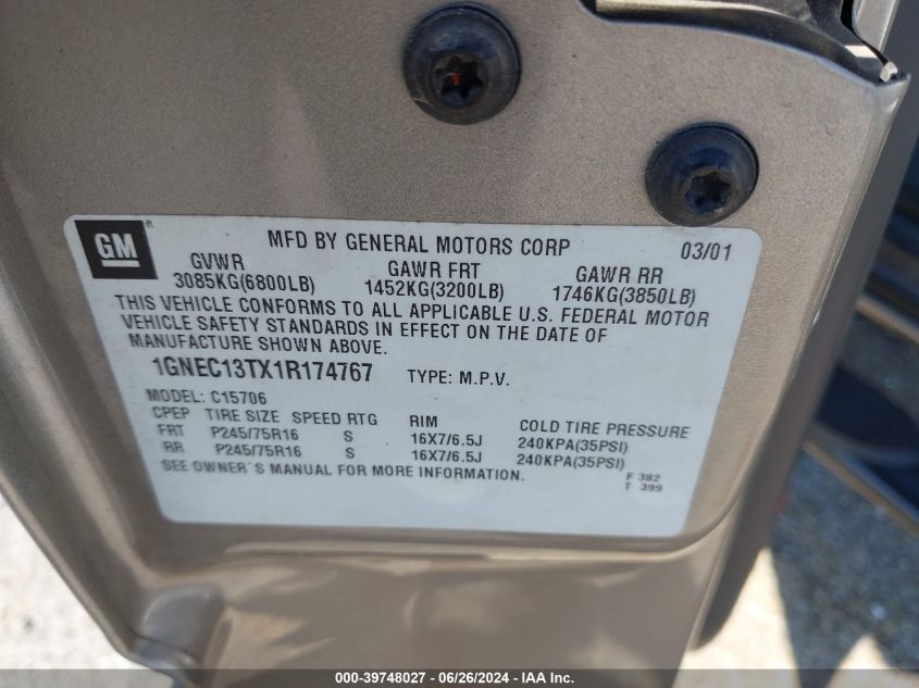 2001 Chevrolet Tahoe Lt VIN: 1GNEC13TX1R174767 Lot: 39748027