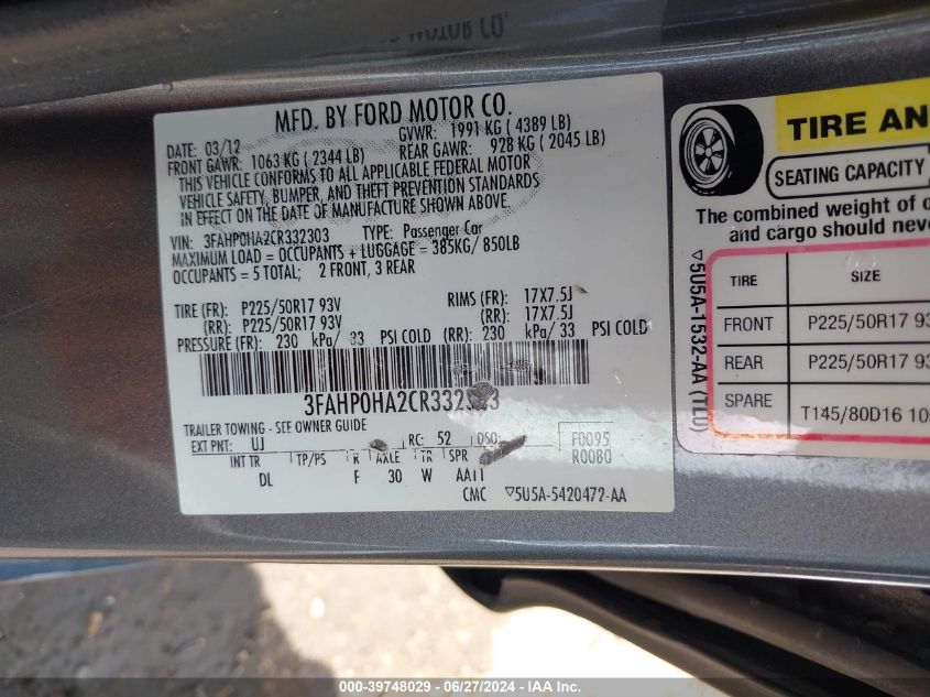 2012 Ford Fusion Se VIN: 3FAHP0HA2CR332303 Lot: 39748029