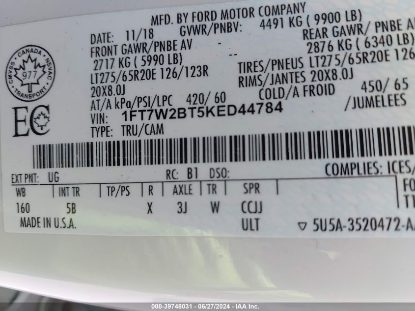 2019 Ford F-250 Lariat VIN: 1FT7W2BT5KED44784 Lot: 39748031
