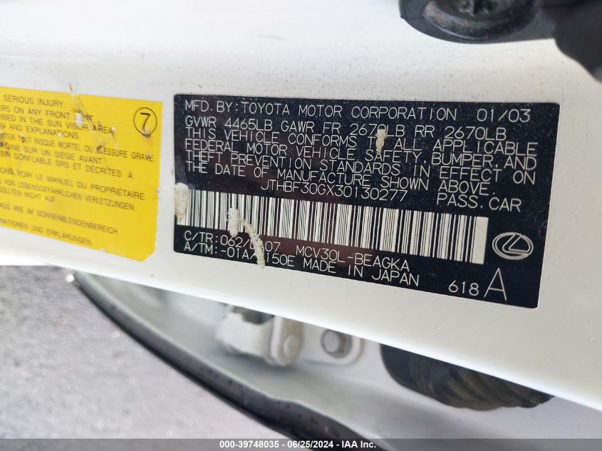 2003 Lexus Es 300 VIN: JTHBF30GX30130277 Lot: 39748035