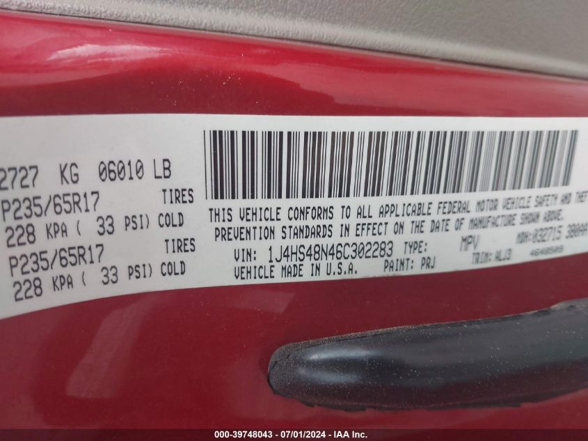 2006 Jeep Grand Cherokee Laredo VIN: 1J4HS48N46C302283 Lot: 39748043