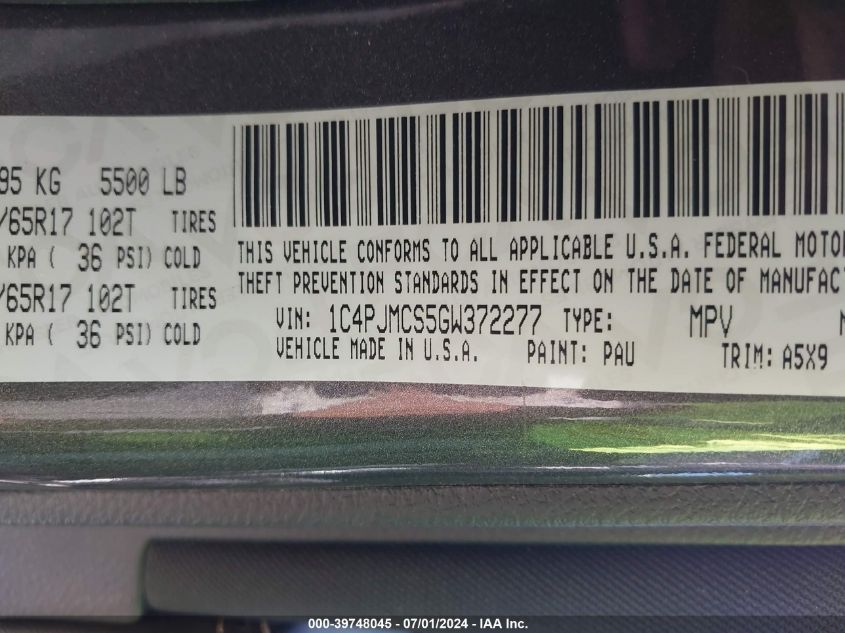 2016 Jeep Cherokee Latitude VIN: 1C4PJMCS5GW372277 Lot: 39748045