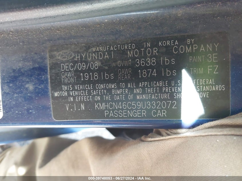 2009 Hyundai Accent Gls VIN: KMHCN46C59U332072 Lot: 39748053