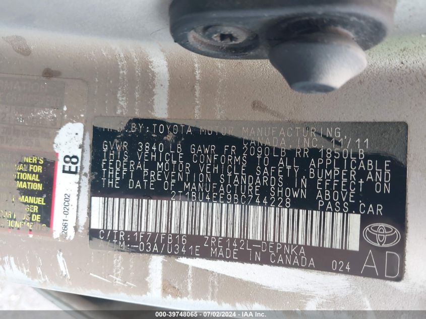 2011 Toyota Corolla Le VIN: 2T1BU4EE9BC744228 Lot: 39748065