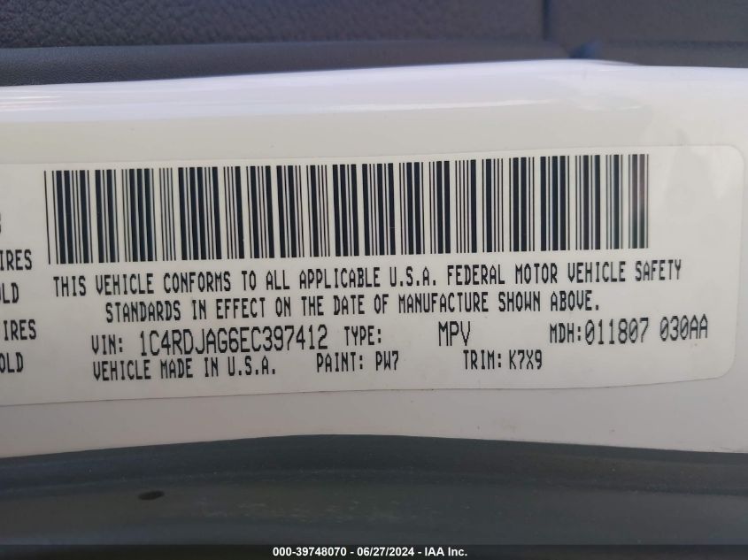 2014 Dodge Durango Sxt VIN: 1C4RDJAG6EC397412 Lot: 39748070