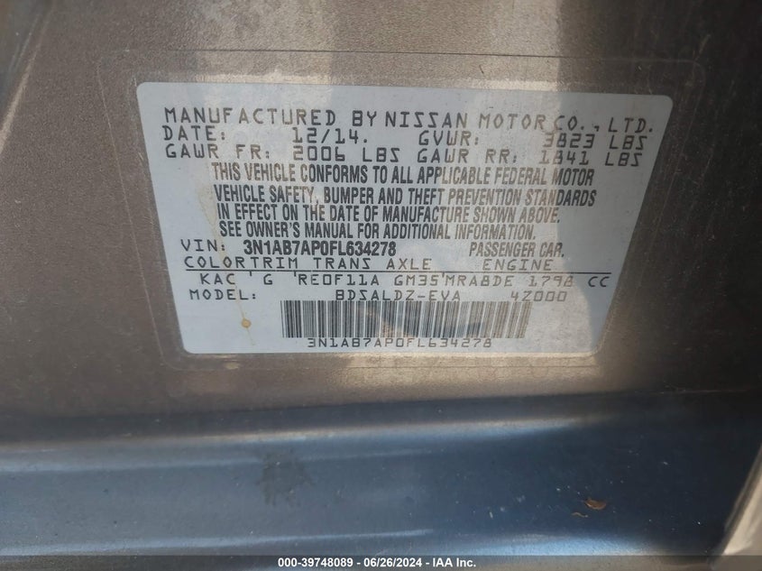 2015 Nissan Sentra Sv VIN: 3N1AB7AP0FL634278 Lot: 39748089