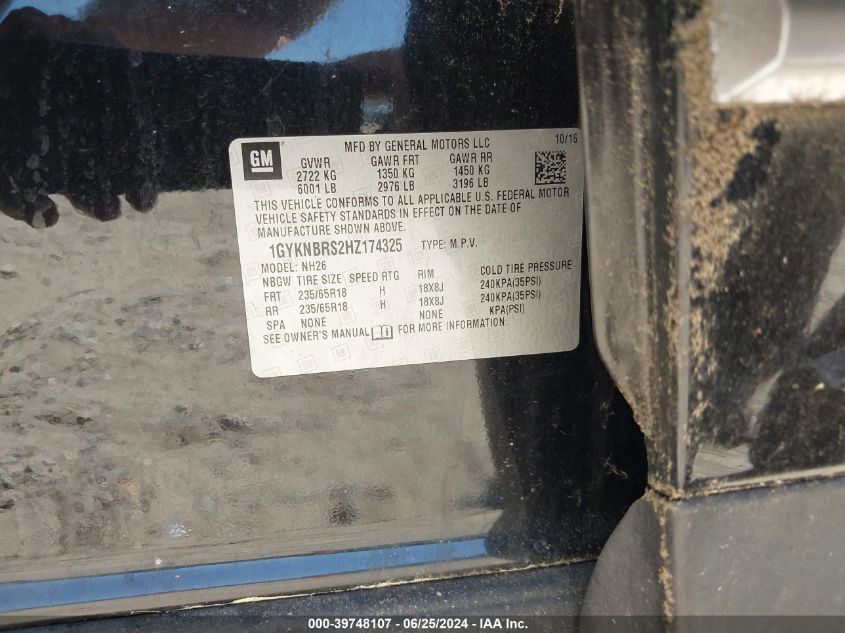 2017 Cadillac Xt5 Luxury VIN: 1GYKNBRS2HZ174325 Lot: 39748107