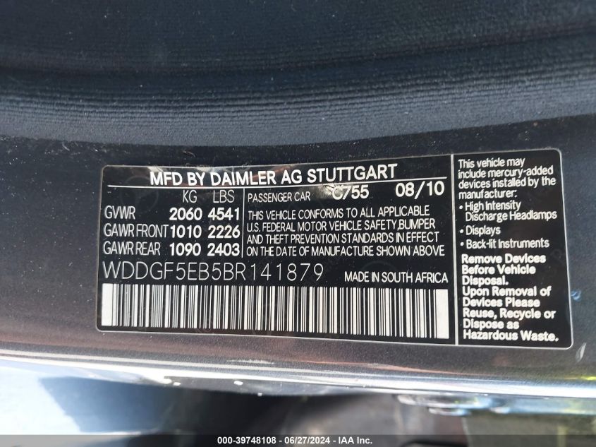 2011 Mercedes-Benz C 300 Luxury/Sport VIN: WDDGF5EB5BR141879 Lot: 39748108