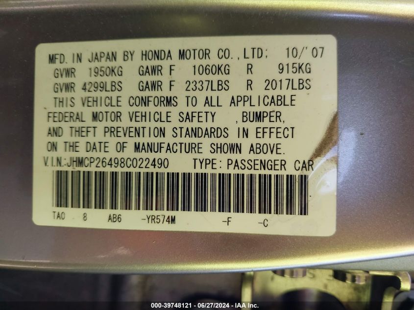 JHMCP26498C022490 2008 Honda Accord 2.4 Lx-P