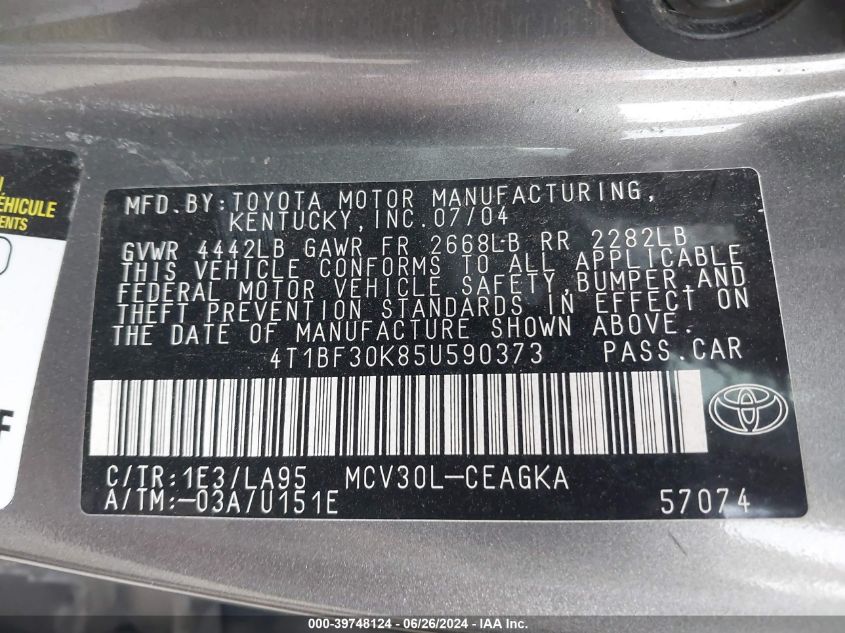 2005 Toyota Camry Le/Xle/Se VIN: 4T1BF30K85U590373 Lot: 39748124
