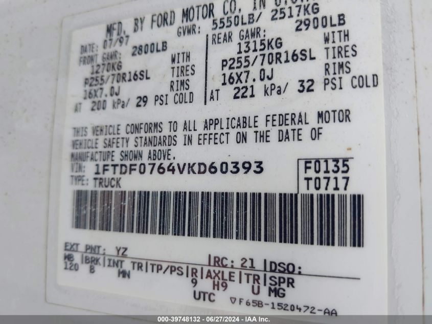 1997 Ford F-150 Lariat/Xl/Xlt VIN: 1FTDF0764VKD60393 Lot: 39748132