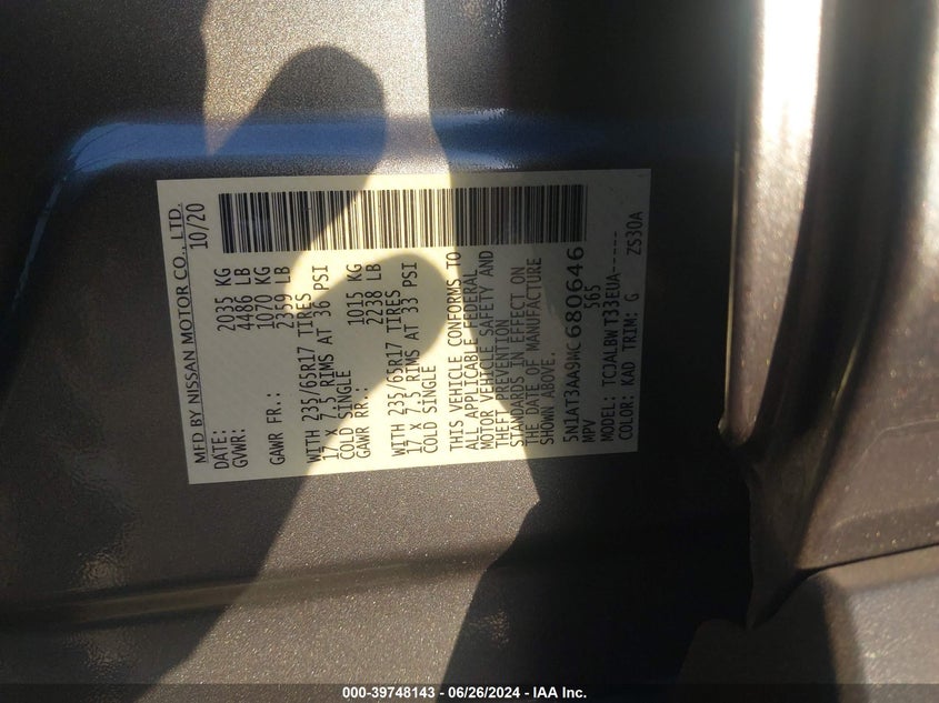 VIN 5N1AT3AA9MC680646 2021 NISSAN ROGUE S