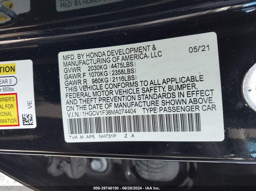 VIN: 1HGCV1F38MA074404 2021 HONDA ACCORD SPORT