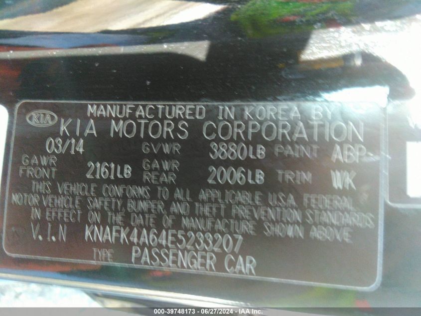 2014 Kia Forte Lx VIN: KNAFK4A64E5233207 Lot: 39748173