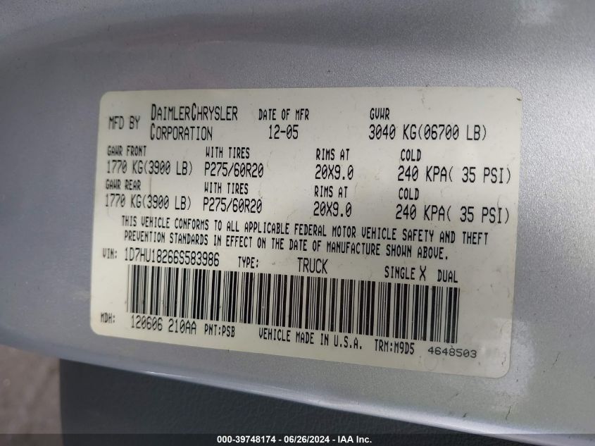 2006 Dodge Ram 1500 St/Slt VIN: 1D7HU18266S583986 Lot: 39748174