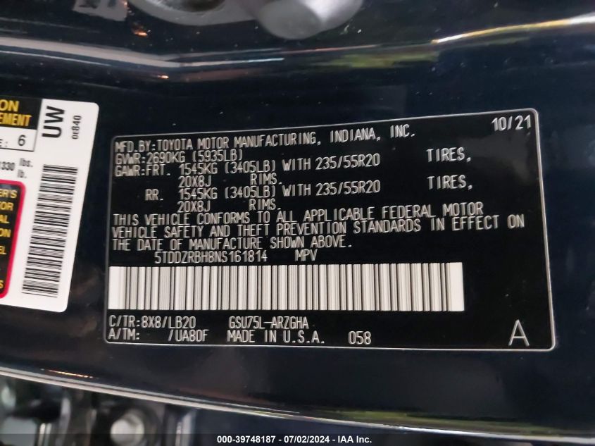 2022 Toyota Highlander Limited/Platinum VIN: 5TDDZRBH8NS161814 Lot: 39748187