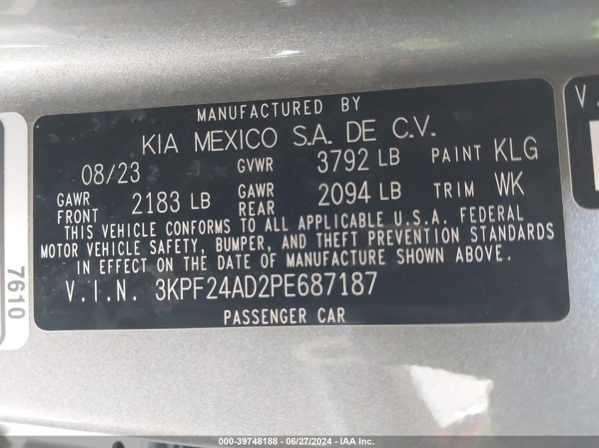 2023 Kia Forte Lxs VIN: 3KPF24AD2PE687187 Lot: 39748188