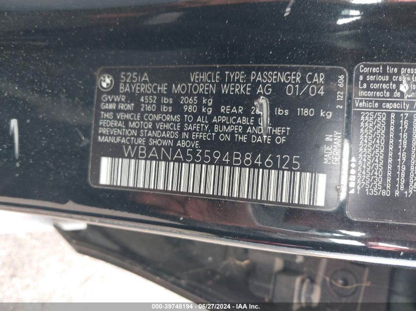 2004 BMW 525 I VIN: WBANA53594B846125 Lot: 39748194