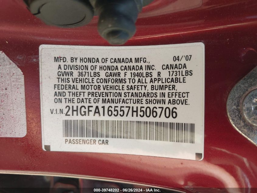 2007 Honda Civic Lx VIN: 2HGFA16557H506706 Lot: 39748202