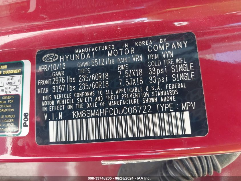 2013 Hyundai Santa Fe Gls VIN: KM8SM4HF0DU008722 Lot: 39748205
