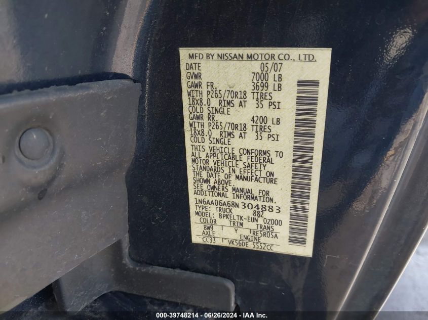 2008 Nissan Titan Se VIN: 1N6AA06A68N304883 Lot: 39748214