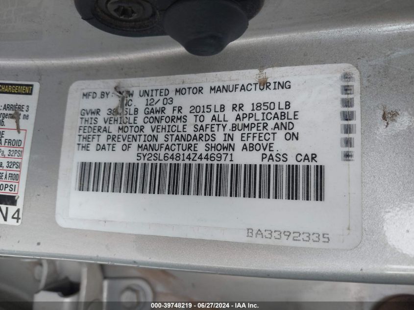 2004 Pontiac Vibe VIN: 5Y2SL64814Z446971 Lot: 39748219