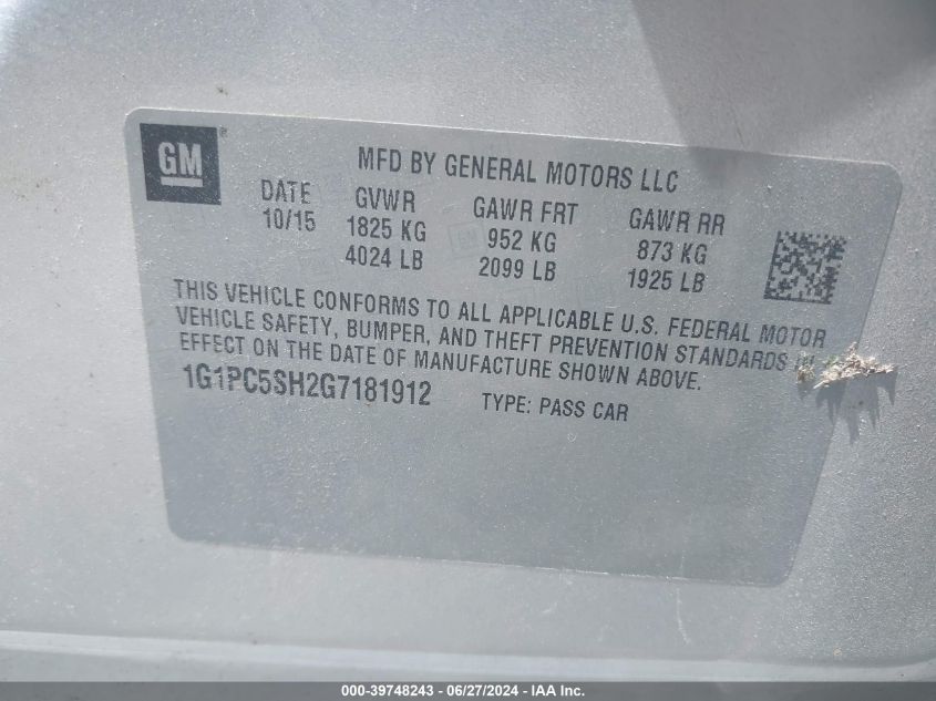 2016 Chevrolet Cruze Limited Ls Auto VIN: 1G1PC5SH2G7181912 Lot: 39748243