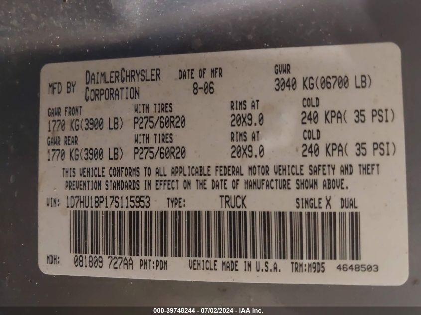 2007 Dodge Ram 1500 Slt/Trx4 Off Road/Sport VIN: 1D7HU18P17S115953 Lot: 39748244