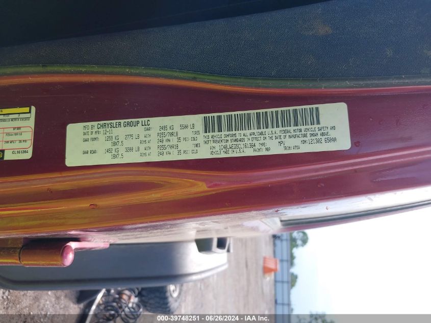 2012 Jeep Wrangler Unlimited Sahara VIN: 1C4BJWEG5CL161364 Lot: 39748251