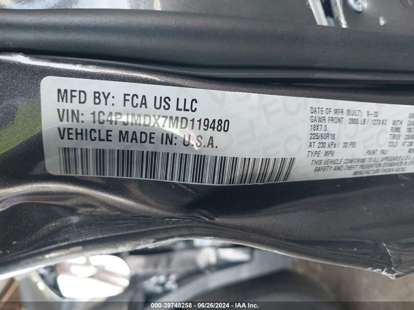 VIN 1C4PJMDX7MD119480 2021 JEEP CHEROKEE LIMITED 4X4