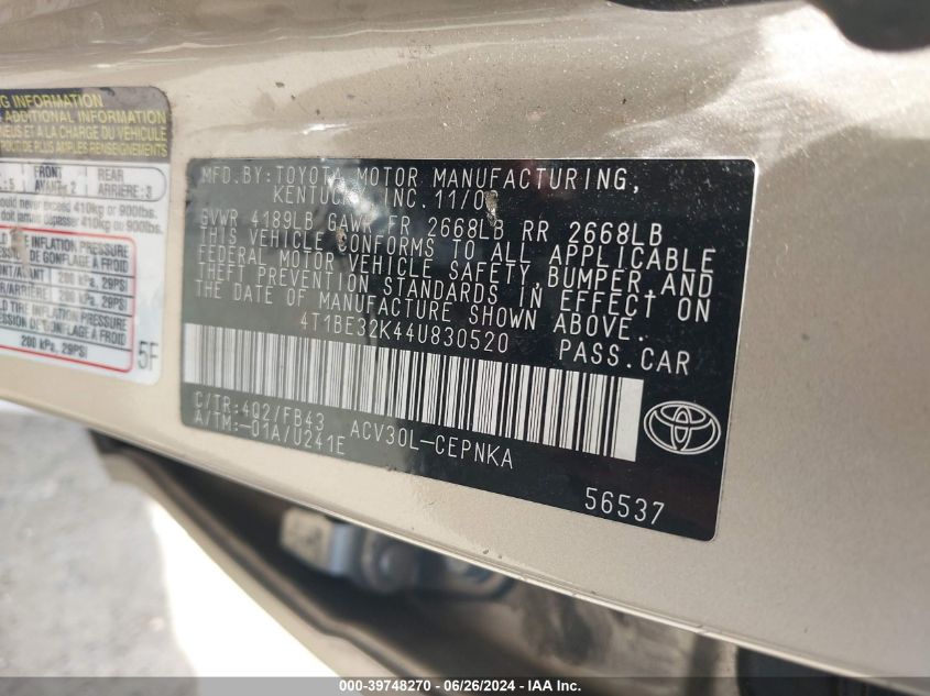 2004 Toyota Camry Le VIN: 4T1BE32K44U830520 Lot: 39748270