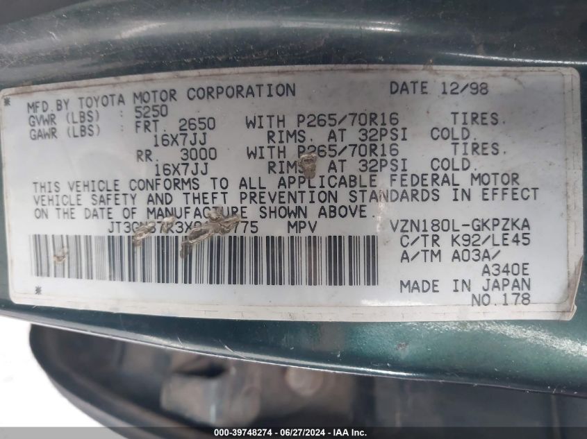 1999 Toyota 4Runner Limited VIN: JT3GN87R3X0108775 Lot: 39748274