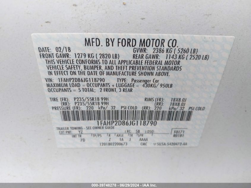 2018 Ford Taurus Se VIN: 1FAHP2D86JG118790 Lot: 39748278