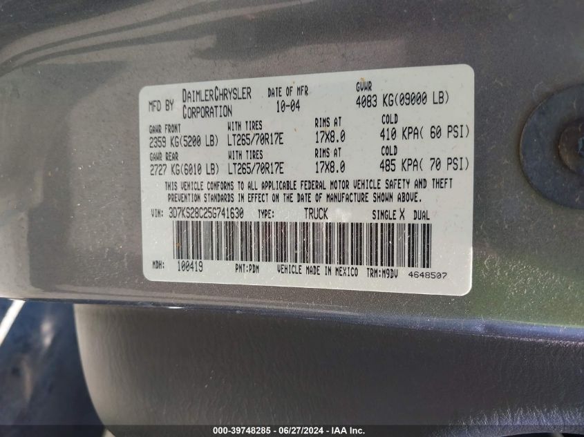 2005 Dodge Ram 2500 Slt/Laramie VIN: 3D7KS28C25G741630 Lot: 39748285