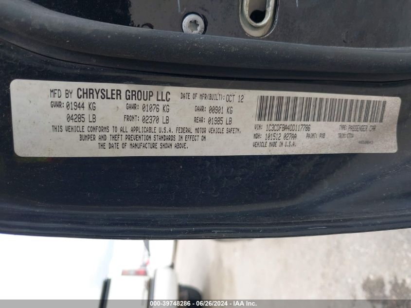 2013 Dodge Dart Rallye VIN: 1C3CDFBA4DD117786 Lot: 39748286