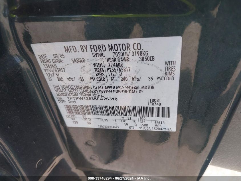 1FTPW12536FA26318 | 2006 FORD F-150