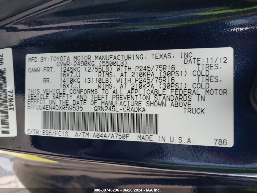 2013 Toyota Tacoma VIN: 5TFUU4EN4DX059535 Lot: 39748296