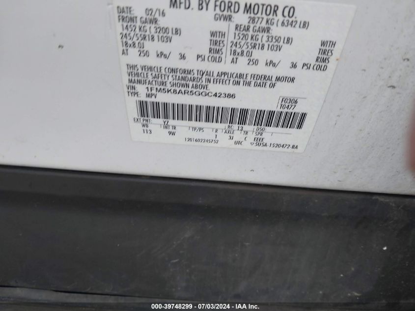 2016 Ford Explorer Police Interceptor VIN: 1FM5K8AR5GGC42386 Lot: 39748299