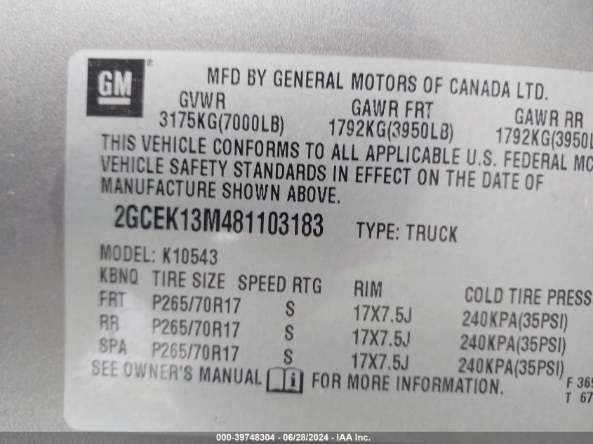 2008 Chevrolet Silverado 1500 Lt1 VIN: 2GCEK13M481103183 Lot: 39748304