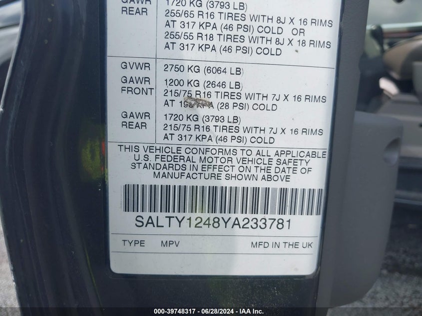 2000 Land Rover Discovery Ii VIN: SALTY1248YA233781 Lot: 39748317