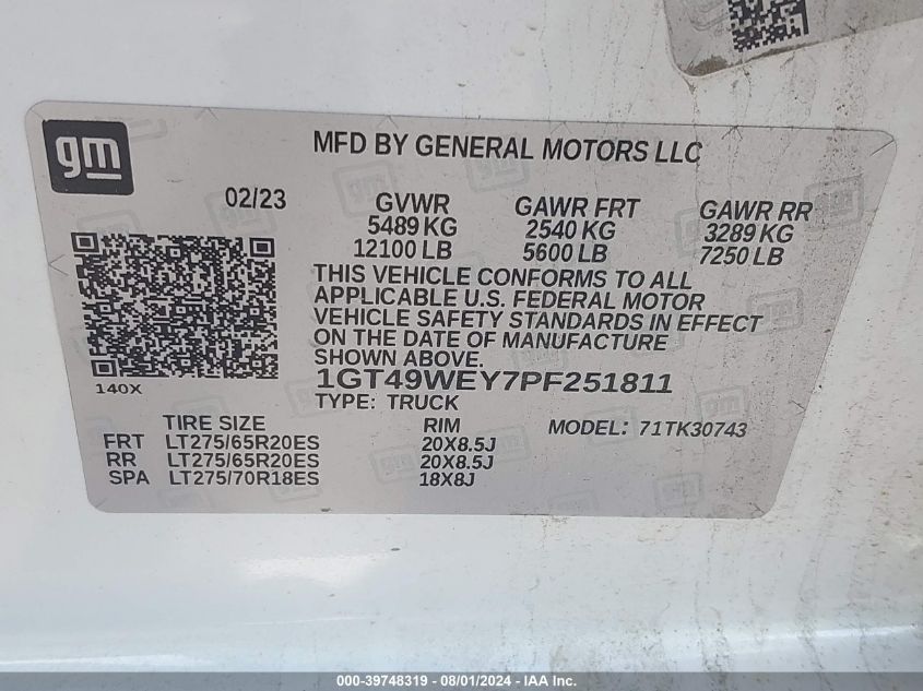 2023 GMC Sierra 3500Hd 4Wd Standard Bed Denali VIN: 1GT49WEY7PF251811 Lot: 39748319