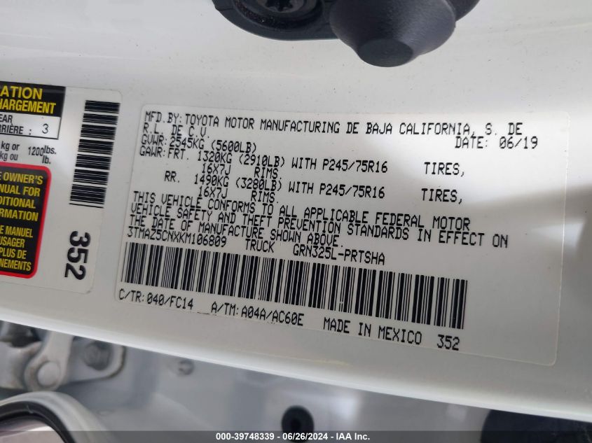 2019 Toyota Tacoma Sr5 V6 VIN: 3TMAZ5CNXKM106809 Lot: 39748339