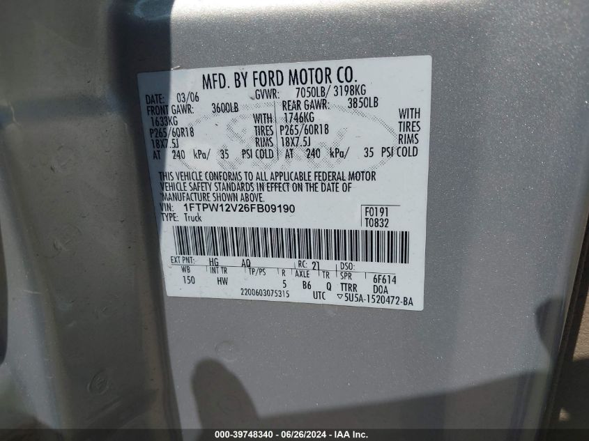 2006 Ford F-150 Lariat/Xlt VIN: 1FTPW12V26FB09190 Lot: 39748340