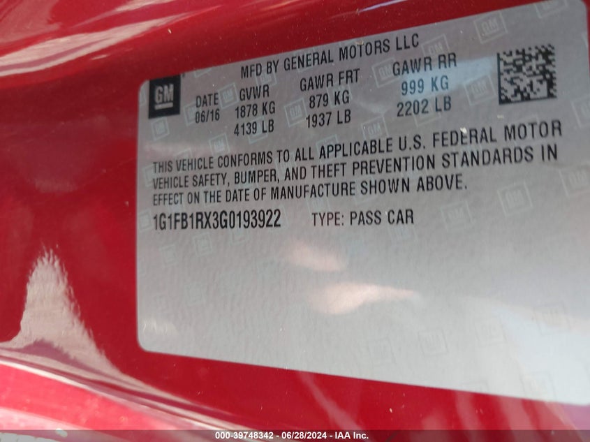 2016 Chevrolet Camaro Lt VIN: 1G1FB1RX3G0193922 Lot: 39748342