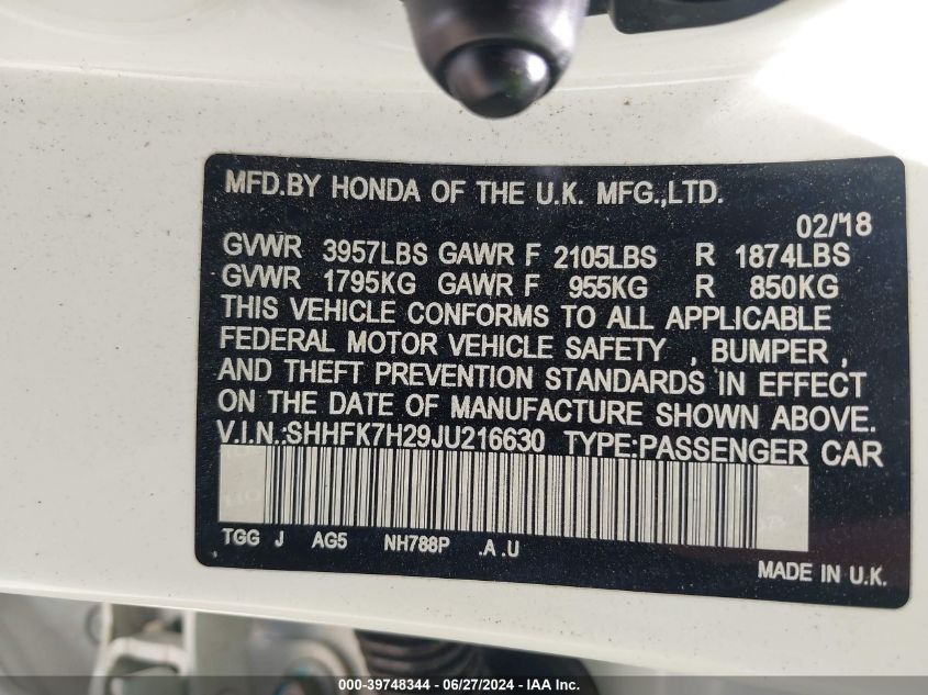 2018 Honda Civic Lx VIN: SHHFK7H29JU216630 Lot: 39748344